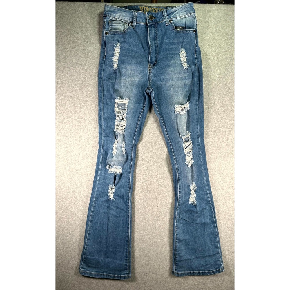 VIP Jeans Womens 9/10 Blue Whiskered Denim Cotton Stretch Distressed Bootcut Leg